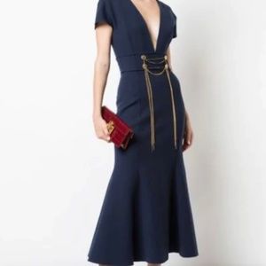 Oscar De La Renta Wool-Blend Draped Chain Trumpet Dress